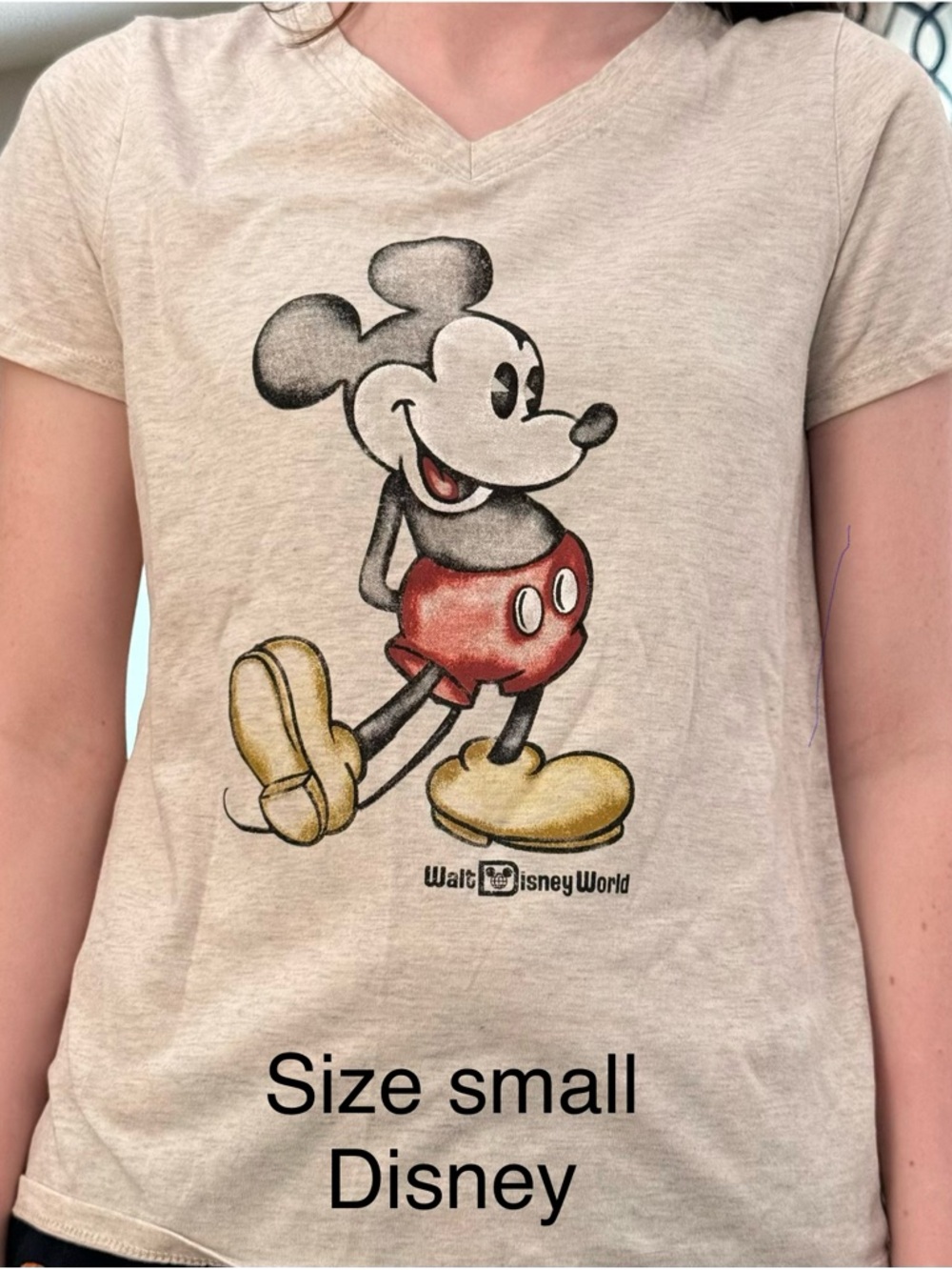 Disney Beige Mickey Mouse V-Neck Tee with Red and Yellow Accents